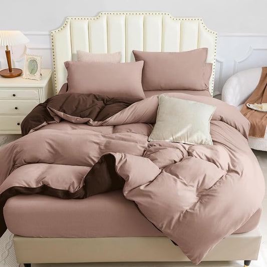 PURE ERA Jersey Knit Duvet Cover Set 100% T-Shirt Cotton Super Soft Comfy 3pc Bedding Set with Zipper Closure (Petal Pink/Dark Brown, Queen, 90"X90")