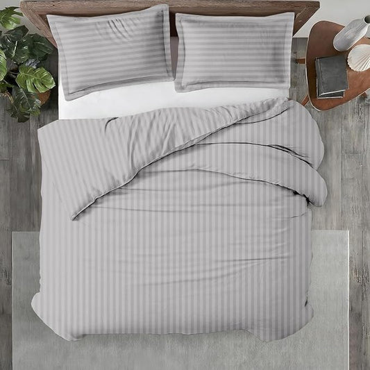 Kotton Culture 1 Pc California King Size Duvet Cover Only -100% Egyptian Cotton 600 TC Ultra Soft Premium Durable Comforter Cover Zipper Closure & Corner Ties (Striped Silver,104"x98")