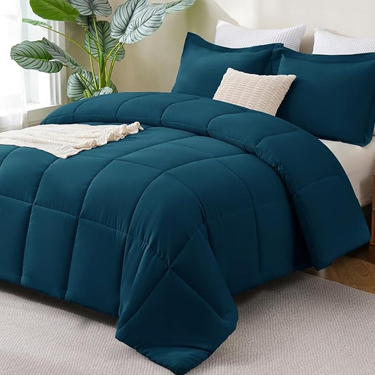 CozyLux Queen Comforter Set - 270GSM Lyons Blue Bedding Sets for All Seasons, 3 Pieces Box Stitched Bed Set with 1 Down Alternative Comforter and 2 Pillow Shams, Soft, Lightweight, Breathable