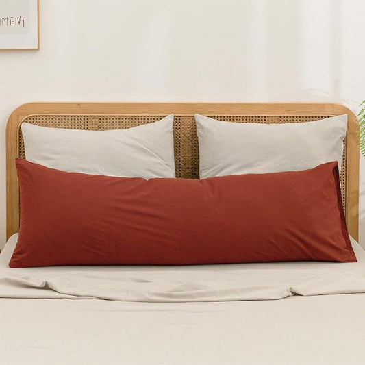 BESTOUCH 100% Washed Cotton Pillowcase for Hair and Skin Linen Feel Soft Comfortable Breathable 1 Pcs Pillow Case with Envelope Closure Solid Burnt Brick Red Body 20x54 Inches