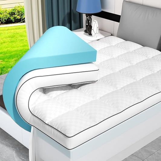 Dual Layer 4 Inch Memory Foam Mattress Topper King Size, 2 Inch Cooling Gel Memory Foam, 2 Inch Soft Pillow Top Pad, Breathable Mattress Cover for Back Pain Relief, Deep Elastic Pocket, White