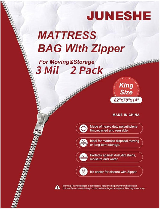 2PK 3 Mil King Size Mattress Bags with Zipper for Storage Moving,Plastic Waterproof Mattress Protector Cover Moving Supplies