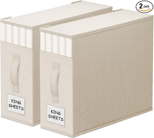 StorageTastic 2 Pack Bed Sheet Closet Organizers and Storage,Sturdy Foldable Storage Containers with Window and Label,Storage and Organization for Bedding Sheets,Duvet Covers,Blankets (Beige)