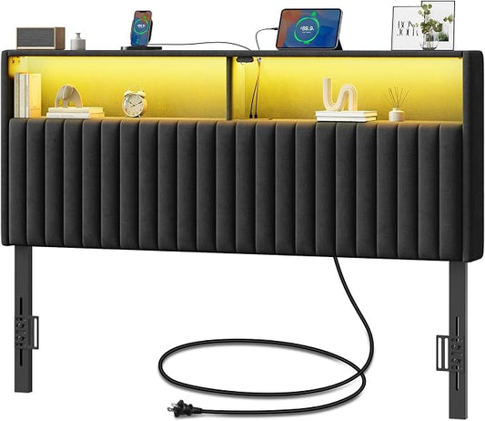 Rolanstar Headboard for Full Size Bed with Storage, Head Board with USB & Type C Port, 60,000 DIY Color of LED Light, Velvet Upholstered, Height Adjustable, Sturdy, Easy Assembly, Black
