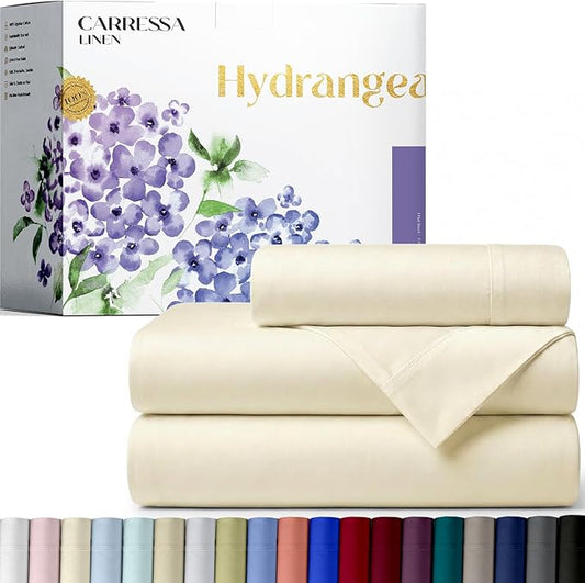 Carressa Linen 100% Egyptian Cotton Twin Sheets Set - 600 Series Hydrangeas Collection Egyptian Cotton Luxury Twin Sheets (3 PC, Ivory Cream) 16" Deep Pocket, Soft, Cooling, Sateen Dorm Room Bedding