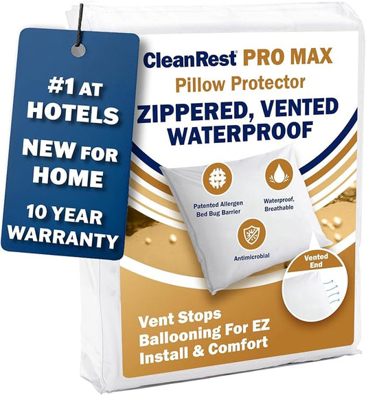 CleanRest PRO Max Waterproof Pillow Protector, Standard Size - Zippered (1-Pack), Dust Mite Allergen & Bed Bug Proof, Anti-Microbial Treated, Highly Breathable & Vented for Cool Soft Sleep