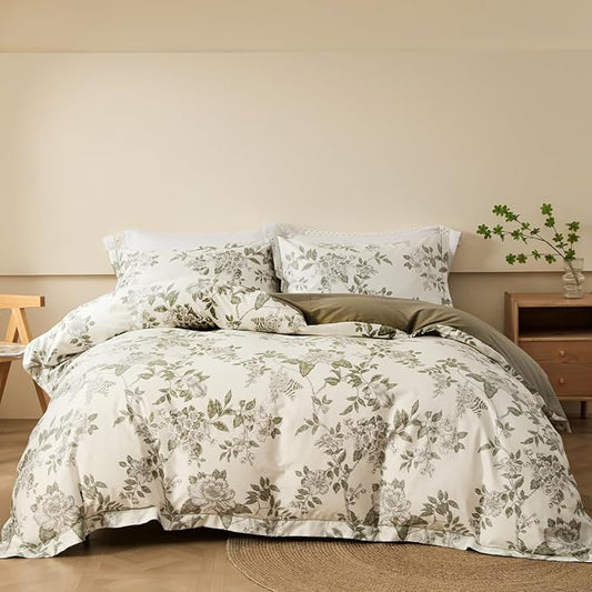 Duvet Cover Set Twin Size Floral Pattern 600 Thread Count Ultra Soft 100% Long Staple Cotton Duvet Cover Sets 3-PC, Breathable Duvet Cover with Zipper Closure & Corner Ties