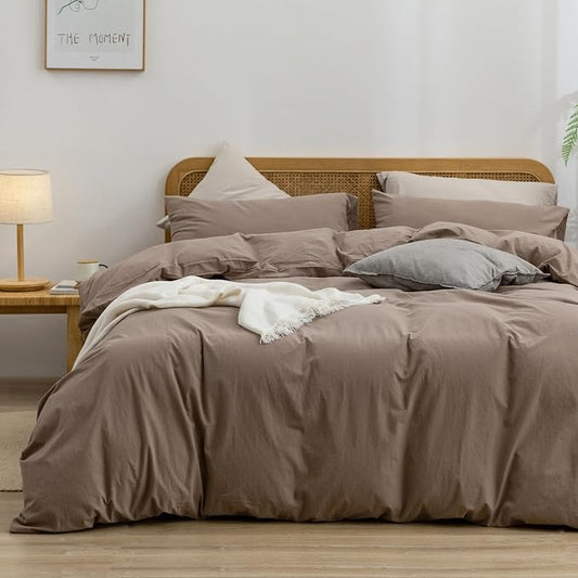 BESTOUCH Duvet Cover Set 100% Washed Cotton Linen Feel Super Soft Comfortable Chic Lightweight 3 PCs Home Bedding Set Solid Pine Bark Brown Alaska King
