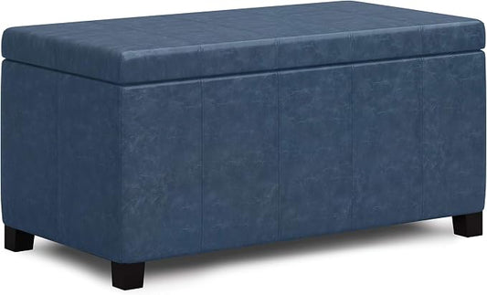 SIMPLIHOME Dover Storage Ottoman Bench - 36 inch Wide Upholstered Vegan Leather Rectangular Lift-Top Ottoman in Denim Blue, Contemporary Bench for Living Room with Safety Hinges