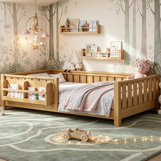 Bellemave Twin Floor Bed Frame with Fence & Bookshelf, Solid Pine Wood Twin Montessori Floor Bed with Slats Load 300LBS, Low Profile Floor Bed for Kids, Nursery, Bedroom, Easy Assembly, Natural