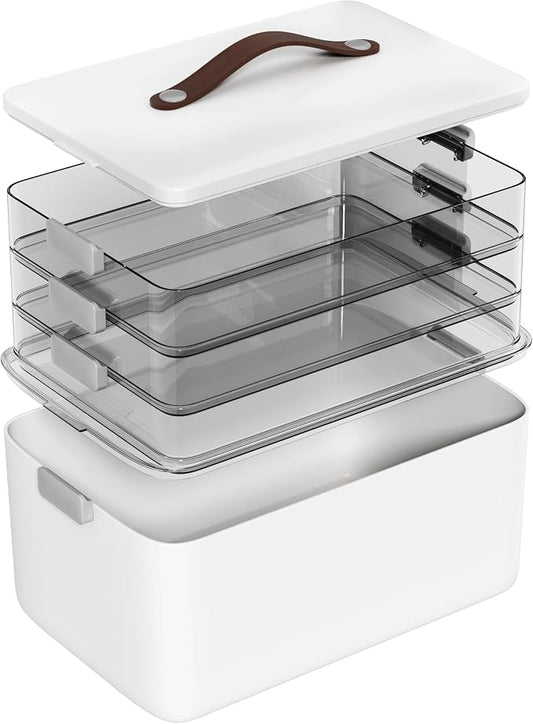 MOPALL 4-Tier Medicine Organizer Storage Box, Portable Latch Bin with Lid and Leather Handle, Cabinet Closet Organization for Home Office, Pill Bottle, First Aid, Sewing, Art, Craft
