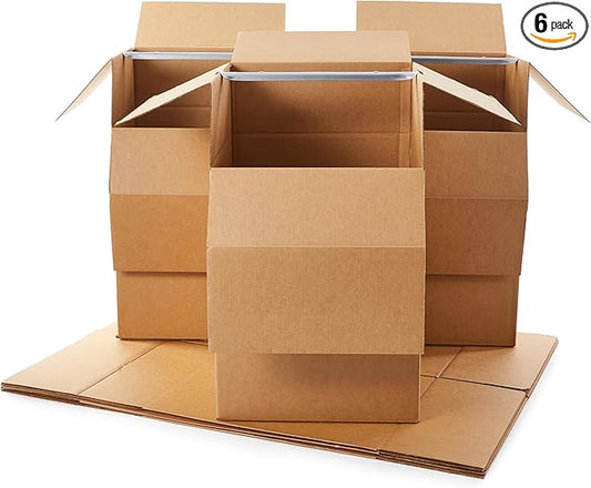 Amazon Basics Strong Cardboard Wardrobe Moving Boxes with Hanging Bar, Handles for Packing Clothes, 24" x 24" x 40", Brown, 6-Pack