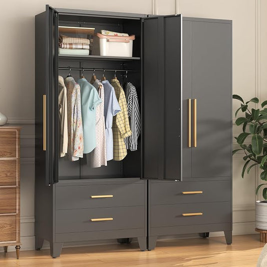 75.3" Tall Metal Wardrobe Closet - Large Clothing Storage Cabinet with 1 Hanging Rod, 1 Adjustable Shelve, 2 Drawers & 2 Doors - Closet Organizer for Bedroom, Office, Laundry Room, Garage - Black