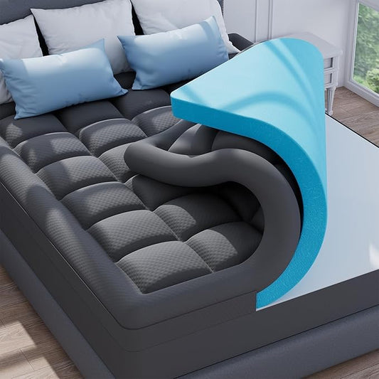 ELEMUSE Dual Layer 3 Inch Memory Foam Mattress Topper Queen, 2 Inch Cooling Gel Memory Foam Plus 1 Inch Down Alternative Pillowtop Mattress Pad with Cooling Cover, Soft Comfort Support, Grey