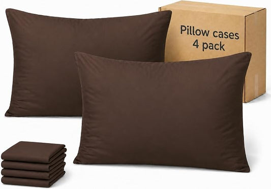 ZPECC Pillow Cases Standard Size Set of 4, 20x26 Envelope Closure Pillowcases, Soft Plain Brushed Microfiber Covers Hypoallergenic Breathable, Brown