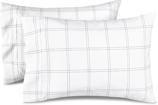 Bare Home Microfiber Pillow Cases - Standard/Queen Size Set of 2 - Cooling Pillowcases - Double Brushed - Pillowcases 2 Pack - Easy Care (Standard, Modern Plaid - White/Grey)