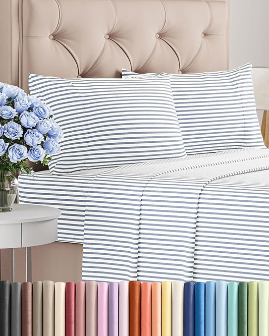 Full Size 4 Piece Sheet Set - Comfy Breathable & Cooling Sheets - Hotel Luxury Bed Sheets for Women & Men - Deep Pockets, Easy-Fit, Soft and Wrinkle Free Sheets - Blue Stripes Oeko-Tex Bed Sheet Set