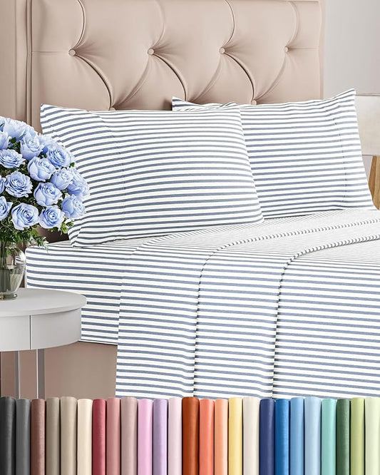 Queen Size 4 Piece Sheet Set - Comfy Breathable & Cooling Sheets - Hotel Luxury Bed Sheets for Women & Men - Deep Pockets, Easy-Fit, Soft & Wrinkle Free Sheets - Blue Stripes Oeko-Tex Bed Sheet Set