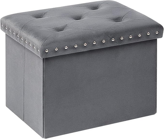 PINPLUS Storage Ottoman with Benches Foot Rest Stool, Folding Velvet Shoes Chest for Bedroom, Living Room, Grey,16.5"x12.6"x12.6"