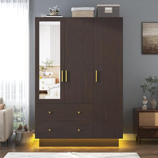 chartustriable 3 Doors Armoire Wardrobe Closet with Mirror, LED Armoire with Doors and Drawers, Wooden Wardrobe Storage Cabinet with Hanging Rod, Adjustable Shelves, Brown