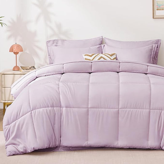 Love's cabin Full Comforter Set Light Purple, 7 Pieces Full Bed in a Bag, All Season Bedding Sets with 1 Comforter, 1 Flat Sheet, 1 Fitted Sheet, 2 Pillowcase and 2 Pillow Sham | Soft, Breathable, Lightweight, Comfortable