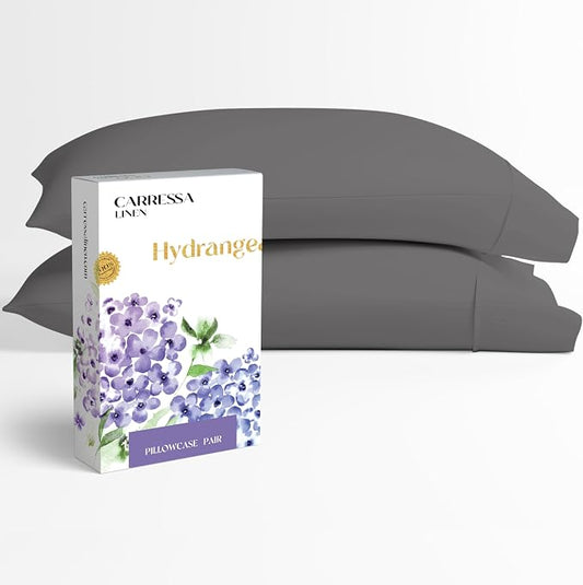 Carressa Linen 100% Egyptian Cotton Pillow Cases Queen Size Set of 2 - Luxury 600 Series Hydrangeas Collection Queen Size Pillowcases (Dark Grey), Cooling Sateen Weave Hotel Quality Bed Pillow Cover