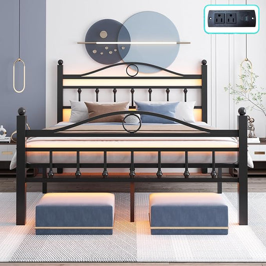 Jenmit Queen Size Bed Frame with Headboard, Metal Platform Bed Frame with Charging Station & LED Lights, Storage Space Under Bed, No Box Spring Needed, Noise Free, Easy Assembly, Black