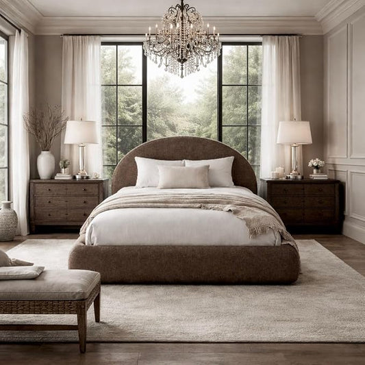 Round Bed – Washable Zip Cover - Upholstered Linen Soft Foam - Modular Minimalist Modern - Half Circle Moon - Sold Sold Separately (Brown Linen Premium, King Headboard)