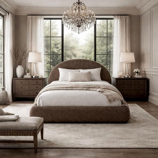 Round Bed – Washable Zip Cover - Upholstered Linen Soft Foam - Modular Minimalist Modern - Half Circle Moon - Sold Sold Separately (Brown Linen Premium, Queen Headboard)