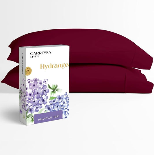 Carressa Linen 100% Egyptian Cotton Pillow Cases Queen Size Set of 2 - Luxury 600 Series Hydrangeas Collection Queen Size Pillowcases (Burgundy), Cooling Sateen Weave Hotel Quality Bed Pillow Cover