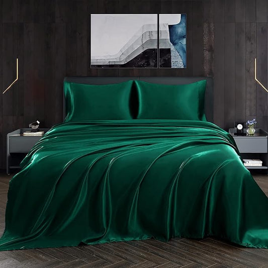 Homiest 5pcs Satin Split King Sheets Sets for Adjustable Bed, Luxury Silky Satin Bedding Set with Deep Pocket, 2 Fitted Sheets + 1 Flat Sheet + 2 Pillowcases (Split King Size, Blackish Green)