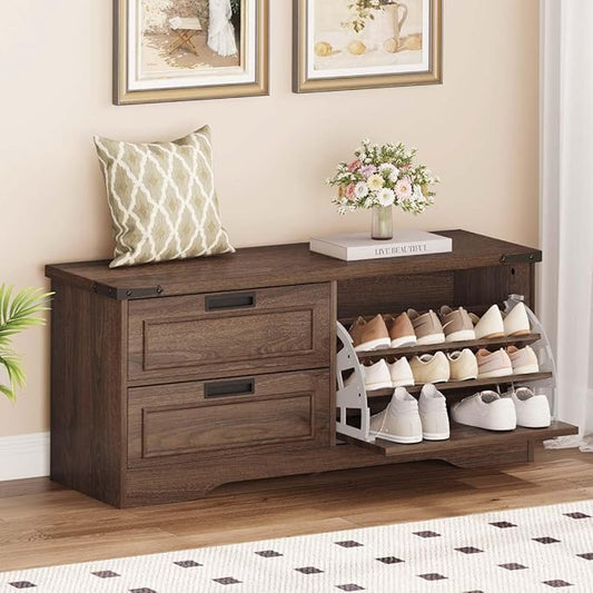 FATORRI Bench with Shoe Storage for Entryway, Wooden Shoe Benches with Flip Door and Drawers, Entry Way Shoes Organizer Cabinet for Living Room Mudroom (Dark Walnut)