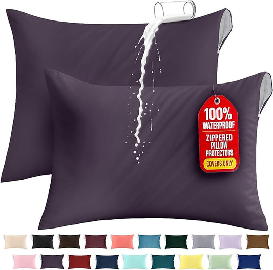 Utopia Bedding Premium 100% Waterproof Pillow Protectors with Zipper Standard Size (Set of 2), Bed Bug and Dust Mite Proof Zippered Pillow Covers, Pillow Encasement Cases, Purple