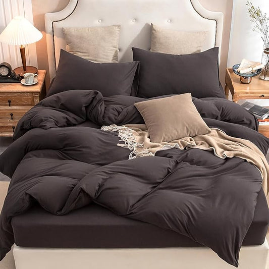 PURE ERA Jersey Knit Duvet Cover Set 100% T-Shirt Cotton Super Soft Comfy 3pc Bedding Set with Zipper Closure (Solid Dark Brown, King)