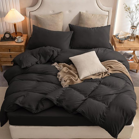 PURE ERA Jersey Knit Duvet Cover Set 100% T-Shirt Cotton Super Soft Comfy 3pc Bedding Set with Zipper Closure (Solid Black, Full)