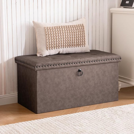 30 Inches Storage Ottoman Bench, Foldable Foot Rest with Rivet Design, 15 x 30 x 15 Inches, End of Bed Bench Footstool, Storage Chest, Load up to 330 lb, for Living Room, Bedroom, Entryway, Oak Brown