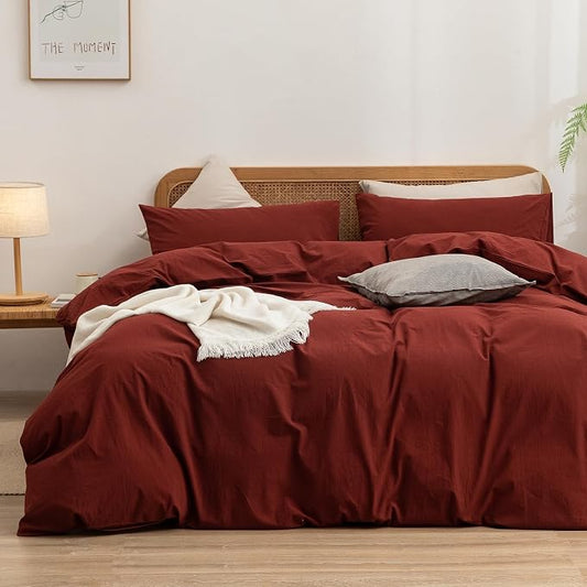 BESTOUCH Duvet Cover Set 100% Washed Cotton Linen Feel Super Soft Comfortable Chic Lightweight 3 PCs Home Bedding Set Solid Fired Brick Red Alaska King