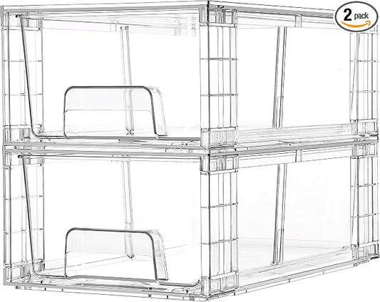 Vtopmart 2 Pack Stackable Storage Drawers,Clear Acrylic Drawer Organizers with Handles, Easily Assemble Containers for Fridge, Bathroom,Kitchen Undersink,Cabinet,Pantry Organization and Storage