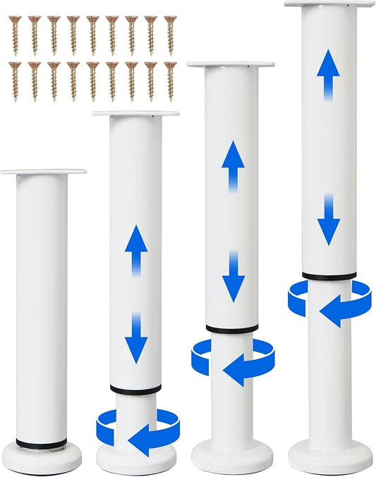 4 PCS Adjustable Height Bed Support Legs [with 18PCS Screws] for Bed Frame/Bed Center Slat, Heavy Duty Furniture Replacement Legs 7.08-12.2 inch for Sofa/Cabinet/Couch/Dresser/Table (White)