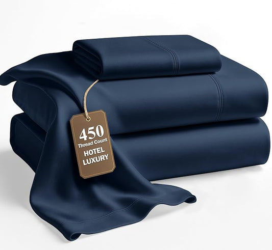 LANE LINEN Twin XL Sheets Set - 450 Thread Count Sateen Weave for Silky Feel On Skin - Extra Soft Cotton Sheets for College Dorms - 15'' Deep Pocket for Snug Fit to Your Mattress - Estate Blue