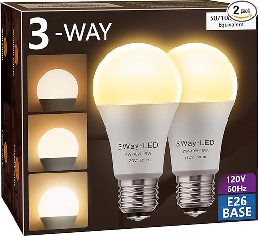Briignite LED Light Bulbs, 3 Way LED Light Bulbs 50 100 150W Equivalent, 3 Way Light Bulb, Three Way A19 Light Bulbs E26 Medium Base, Warm White 3000K, 500lm-1000lm-1500lm, 2 Pack