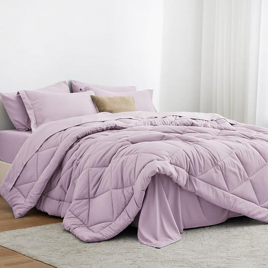 Love's cabin California King Comforter Set Light Purple, 7 Pieces California King Bed in a Bag, All Season Bedding Sets with 1 Comforter, 1 Flat Sheet, 1 Fitted Sheet, 2 Pillowcase and 2 Pillow Sham | Soft, Breathable, Lightweight, Comfortable