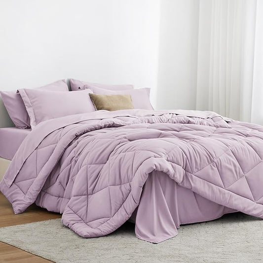 Love's cabin Queen Comforter Set Light Purple, 7 Pieces Queen Bed in a Bag, All Season Bedding Sets with 1 Comforter, 1 Flat Sheet, 1 Fitted Sheet, 2 Pillowcase and 2 Pillow Sham | Soft, Breathable, Lightweight, Comfortable