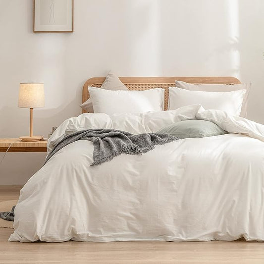 BESTOUCH Duvet Cover Set 100% Washed Cotton Linen Feel Super Soft Comfortable Chic Lightweight 3 PCs Home Bedding Set Solid Off White Full/Double