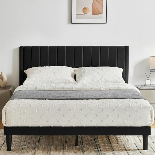 Queen Bed Frame Upholstered Platform,Queen Size Bed Frame with Velvet Headboard,Non-Slip and Noise-Free/Wooden Slats Support/No Box Spring Needed/Easy Assembly/Mattress Foundation Black (Black, Queen)