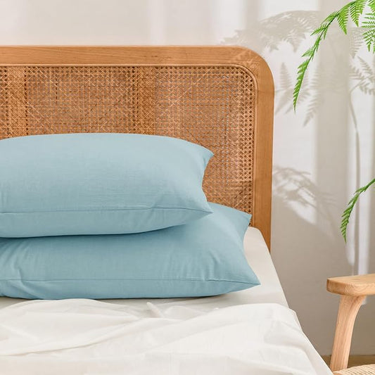 BESTOUCH 100% Washed Cotton Pillowcase for Hair and Skin Linen Feel Soft Comfortable Breathable 2 Set Pillow Case with Envelope Closure Solid Hushed Green Queen 20x30 Inches