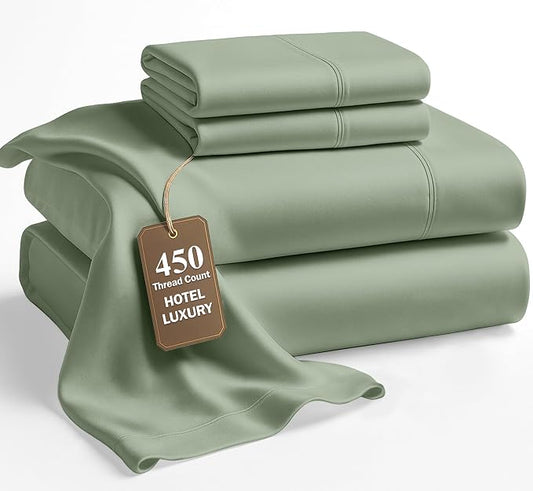 LANE LINEN 100% Cotton Extra Soft Full Size Bed Sheets Set - 450 TC Sateen Weave - Smooth, Comfortable Sheets for Hotel Quality Luxury - Securely Fits Mattress Upto 15'' Deep - Iceberg Green