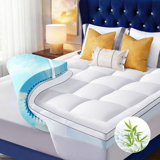 King Size 4 Inch Dual Layer Mattress Topper, 2 Inch Fluffy Soft Pillow Top Mattress Pad Cover and 2 Inch Gel Memory Foam for Back Pain Relief, Breathable, Cooling