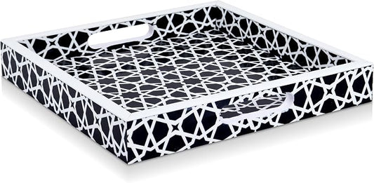 Handicrafts Home 12x12 Ottoman Tray with Handles, Black White Zellij Pattern Decorative Tray, Wood & Resin Inlay Square Coffee Table Serving Tray for Centerpiece, Vanity, Boho Modern Home Decor