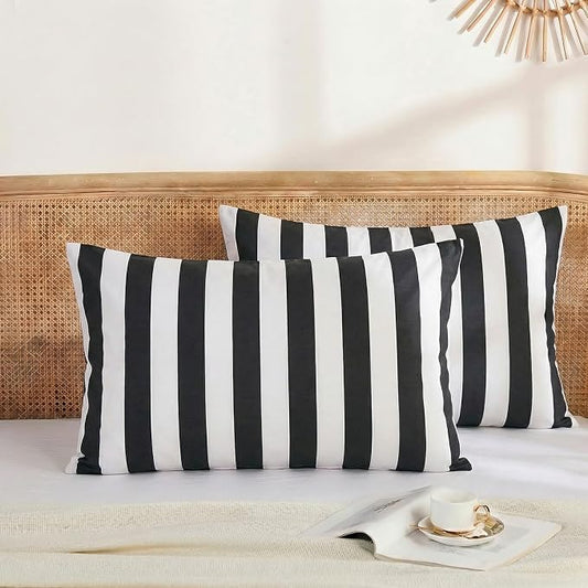 Merryword Standard Size Pillowcases, 100% Cotton Pillow Cases, Black and White Striped Pillowcases, Soft Breathable Wide Stripes Pillow Covers, Set of 2
